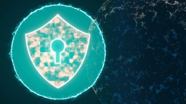 Bir su damlacığının içinde parlayan kilit sembolü, bir ışık çemberi ile çevrili, pleksus küresi ile koyu arkaplan üzerinde.