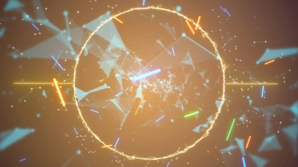 Atom altı enerji serbest bırakıldı. Neon mavi pleksus ağları soyut altın alev çemberinden geliyor. — Stok fotoğraf