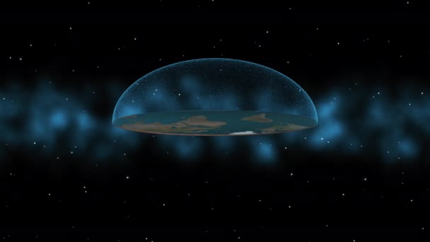 3D модель плоской Земли. Анимация космографической мифологии Вселенной с плоскостью Земли под защитным навесом . — стоковое видео