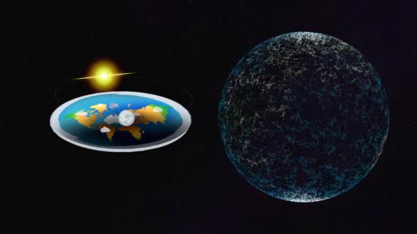 Modelos geocéntricos y heliocéntricos de la Tierra. Visualización de la Tierra plana con el sol y el estado de ánimo girando y la Tierra globo fuera de partículas abstractas . — Vídeos de Stock