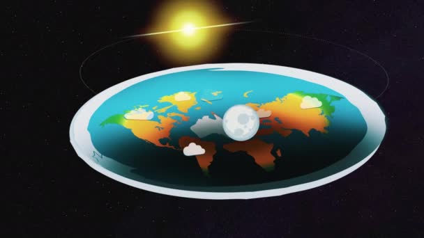 Illustration en mouvement d'une Terre plate flottant dans l'espace, tandis que le soleil et l'humeur tournent au-dessus . — Video