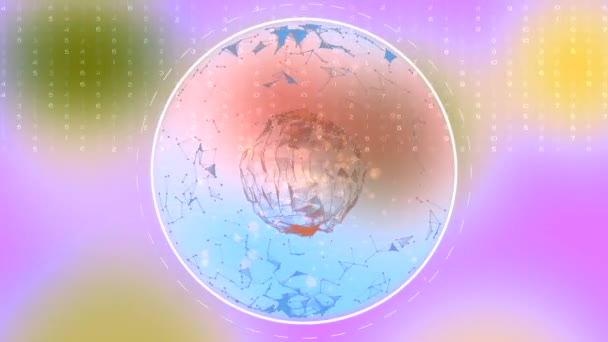Intelligence artificielle et concept d'apprentissage profond. Hologramme de sphère de plexus numérique en cercle pointillé tournant sur fond coloré avec rideau de nombres descendant .