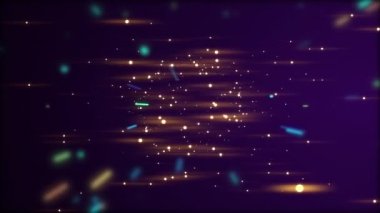 Yüzen bulanık bokeh dairesi ve yanıp sönen parlak ışık ışınları koyu arkaplanda parlıyor..