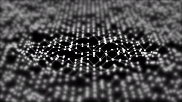 Superficie poligonal futurista abstracta con puntos conectados en movimiento de onda con foco en el centro sobre fondo negro . — Vídeos de Stock