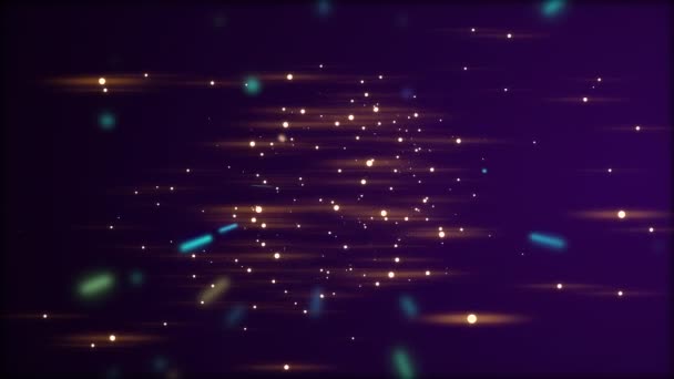 Floating blur bokeh circle and flickering colorful rays of light beaming brightly over dark background. — Stock Video