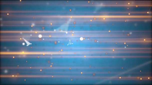 Heranzoomen durch goldene und weiße Sterne, defokussierte Teilchen und lineare Verbindungen auf blauem Hintergrund mit horizontal schimmernden Laserstrahlen. — Stockvideo