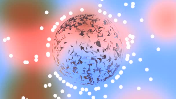 Современный градиент розовый и голубой разряженный фон с полигональной сферой в кольце белых точек . — стоковое видео