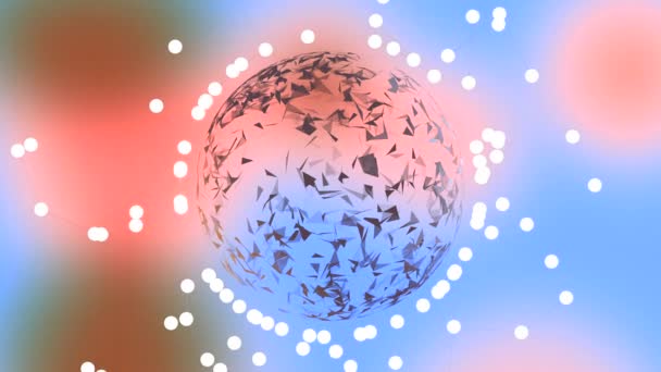 Modern gradient pink and cyan defocused background with polygonal sphere in white dots ring. — Stock Video