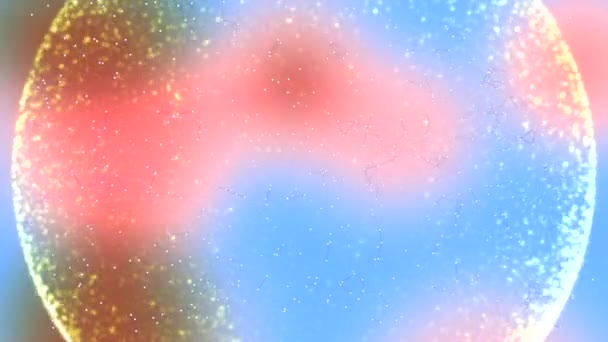 Energia das partículas de poeira que fluem dentro de um globo transparente sobre fundo rosa e azul desfocado . — Vídeo de Stock