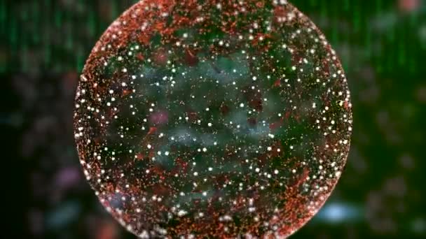 Абстрактный высокотехнологичный цифровой фон с рядами падающих чисел и красной многоугольной сферой на переднем плане, скручивающейся с мерцающими белыми частицами . — стоковое видео