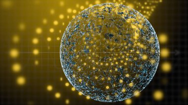 Soyut yüksek teknolojili dijital tünel, ön cephesinde kırmızı çokgen küre ve sayılar dizileri büyük hızda titreşiyor..