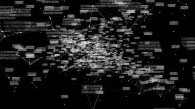 Digital grid and numbers changing in virtual space coming closer, zooming in.