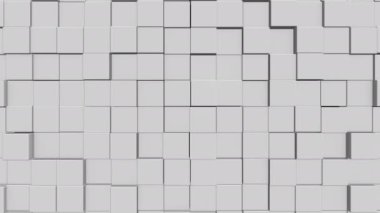 Minimalistic labyrinth formed of cubes moving up and down, glittering.