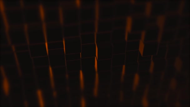 Анимация стены, состоящей из черных кубиков с оранжевым светом между ними движется вперед и назад хаотично . — стоковое видео