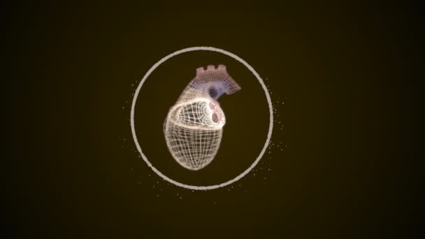 Abstrakt hjärta modell skyddas av lysande partiklar cirkel på mörk bakgrund. — Stockvideo
