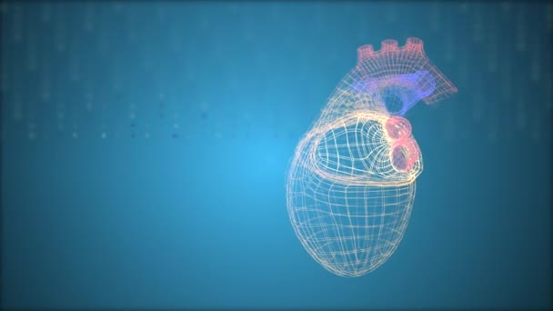 Digital heart icon in lettice style floating over digital blu background with data rows curtain going down. — Stock Video