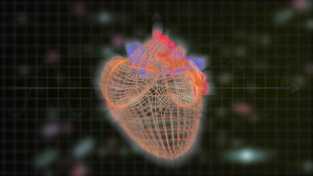 El corazón poligonal tridimensional pulsando sobre fondo negro con coloridos rayos láser desenfocados flotando . — Vídeos de Stock