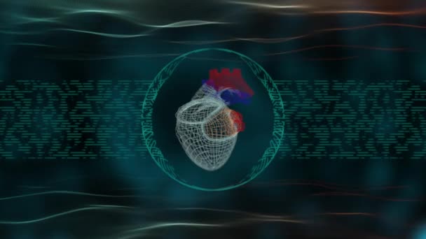 Egy absztrakt lüktető szív rácsos szerkezetben félreértelmezett sötét háttér felett hullámos textúrával. — Stock videók