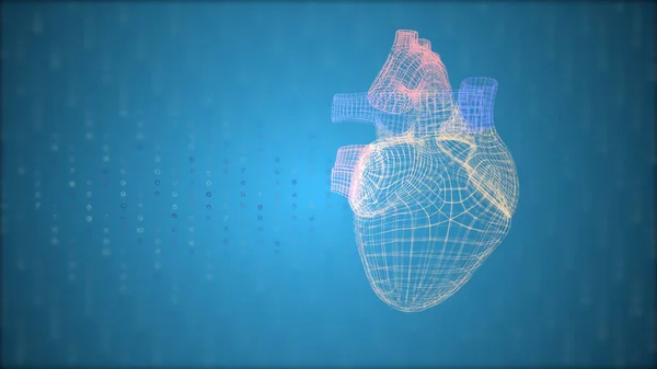 Dijital mavi arkaplan üzerinde kafes biçiminde dijital kalp simgesi ve veri satırları perdesi iniyor.