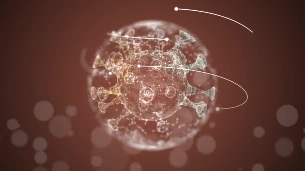 Альфа-канал освещающий вирус вращается на коричневом фоне с плавающими частицами боке . — стоковое видео