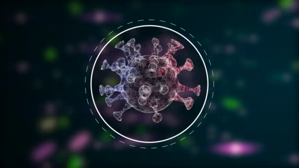 Focolaio di virus patogeno. Cellula pericolosa multicolore che gira all'interno di un cerchio luminoso su sfondo scuro di raggi laser scintillanti . — Video Stock