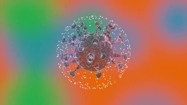 Pathogen outbreak of virus. Dangerous illuminating cell turning inside a globe of light particles over colorful background. — Stockvideo