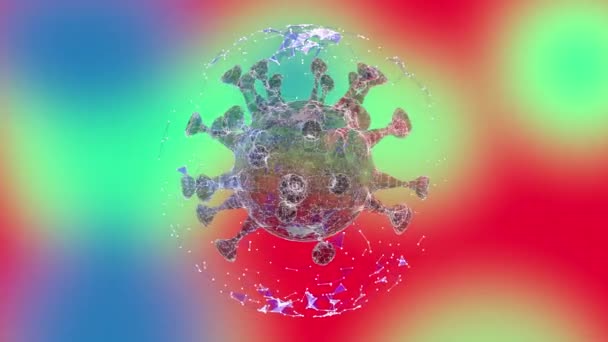 Farbige Scanmikroskopie eines Virus-3D-Renderings innerhalb einer Plexuskugel, die über farbigem Hintergrund schwebt. — Stockvideo