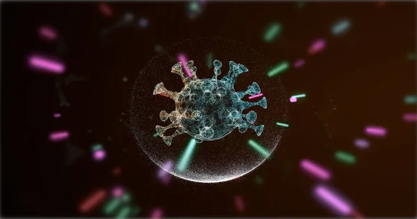 Virus batterico o cellule di microorganismi su fondo nero con particelle di raggi laser . — Foto Stock