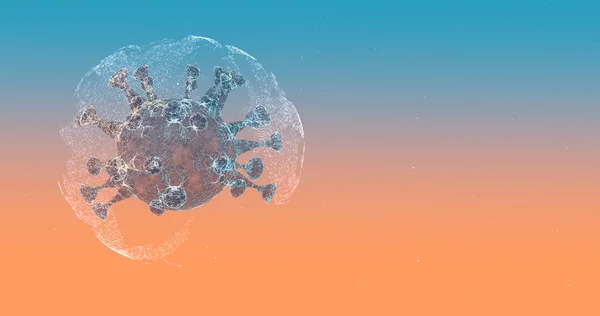Micrógrafo de escaneo coloreado de algún virus 3D renderizado dentro de la esfera de falla sobre fondo azul anaranjado . — Foto de Stock
