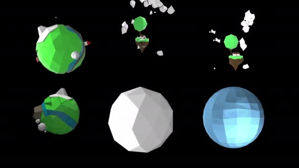 Lustige polygonale Modelle verschiedener Planeten und schwimmender Inseln im Cartoon-Stil über schwarzem Hintergrund. — Stockvideo