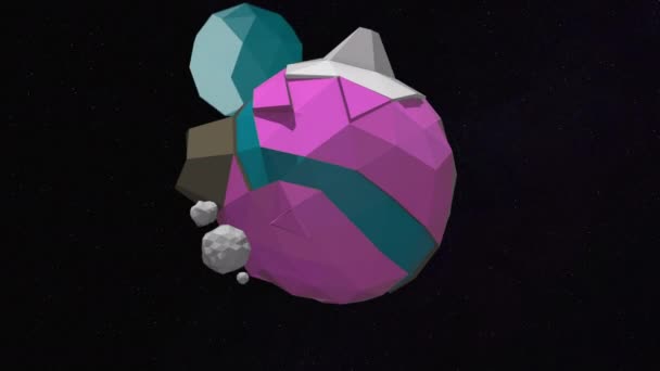 Koncepcja obcej planety. 3d niskiej poli animacji dziwne żywe różowa planeta i jej satelita obracający się w przestrzeni kosmicznej. — Wideo stockowe