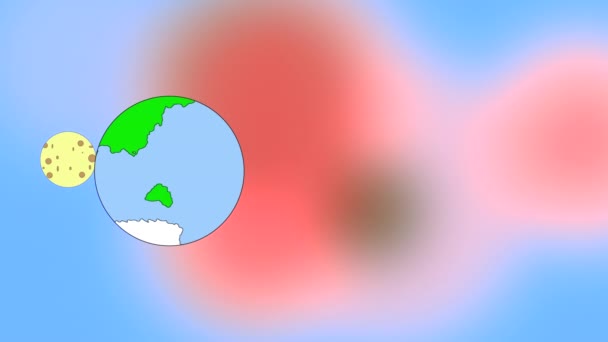 Animation colorée de lune orbitante autour de la terre dans le style de dessin animé plat sur fond bokeh coloré . — Video