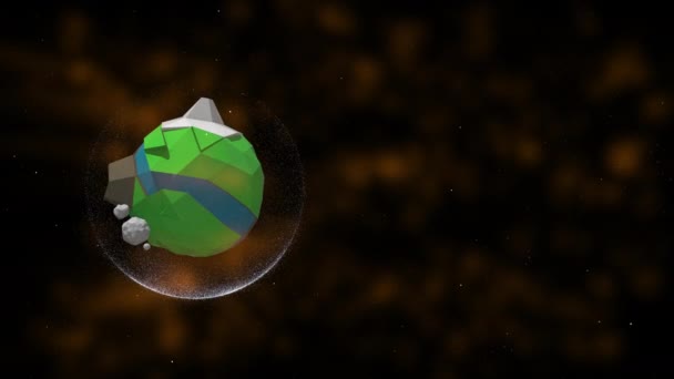 Caricature animée d'une planète polygonale tournante dans un environnement d'ondes rayonnantes contre l'espace sombre .