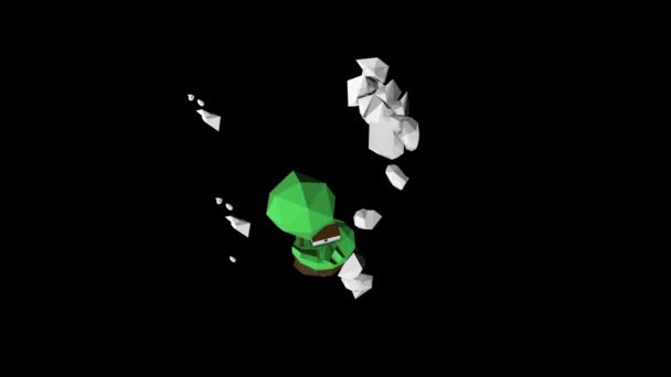 A piece of land detached from planet, traveling in space, with green tree and house on on it under clouds. — Stock Video