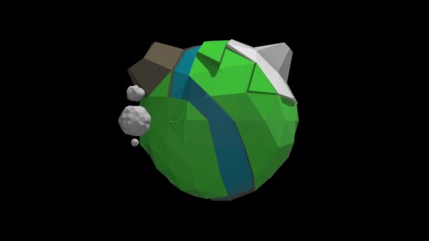 Funny polygonal model of planet in cartoon style floating over black background. — Stock Video