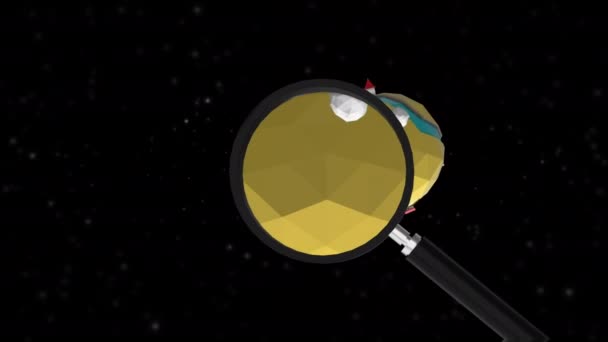 Studing of planet with magnifying glass isolated on black background. — Stock Video