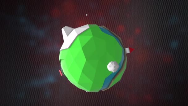 En animerad tecknad serie av en roterande polygonal planet i miljö av utstrålande vågor mot mörka rymden. — Stockvideo