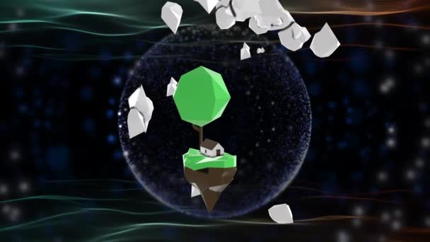 Mini mundo generado en 3D, con pequeña casa bajo el árbol, flotando en particular transparente — Vídeos de Stock