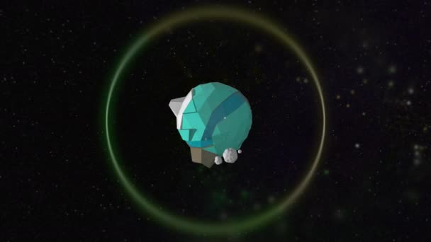Alien Planet Konzept. 3D Low-Poly Animation eines seltsamen lebendigen Planeten, der sich in einem beleuchtenden Ring im Weltraum dreht. — Stockvideo
