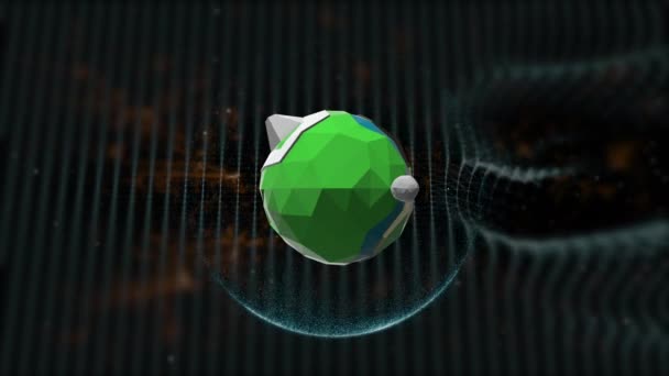 Concept de planète extra-terrestre. Animation 3D basse poly d'une étrange planète vivante dans une grille élastique brillante . — Video
