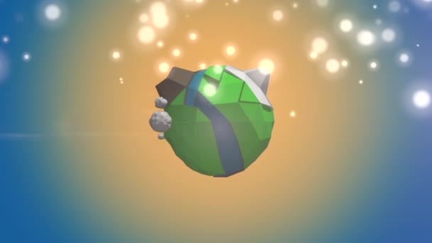 Animation 4K de planète abstraite tournant dans des lumières bokeh magiques fluctuant sur fond coloré .