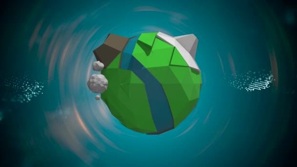 Caricature basse poly Terre flotte sur fond bleu avec des ondes magnétiques denses tout autour ,