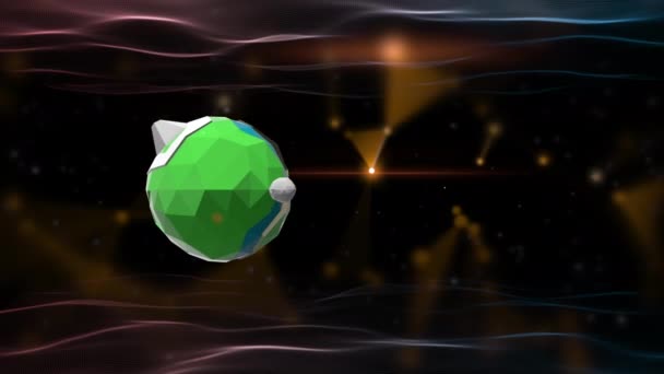 3D abstraktní nízko poly objekt uvnitř neonového světelného kruhu nad mimozemským virtuálním prostorem. — Stock video