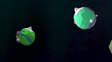 İlginç yeşil çizgi film gezegeni, siyah arkaplan üzerinde dönüyor, sanki popüler kızgın kuş oyunundan geliyormuş gibi..