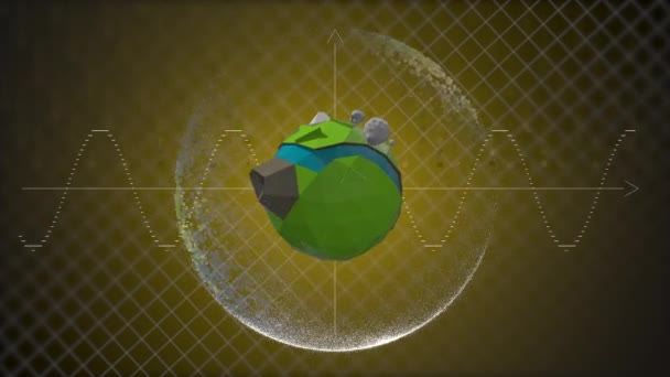 Digital animation of cartoony globe turning around itself in the center of coordinate system with arrow going up and down. — Stock Video