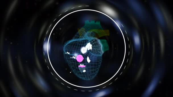 Animovaný malý svět rotující uvnitř srdce ve tvaru mřížky přes techno vlny osvětlené pozadí. — Stock video