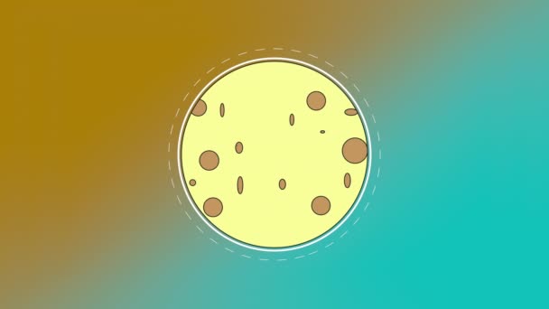 Animated cartoon moon looking like cheese, turning over bokeh yellow-blue background. — Stock Video