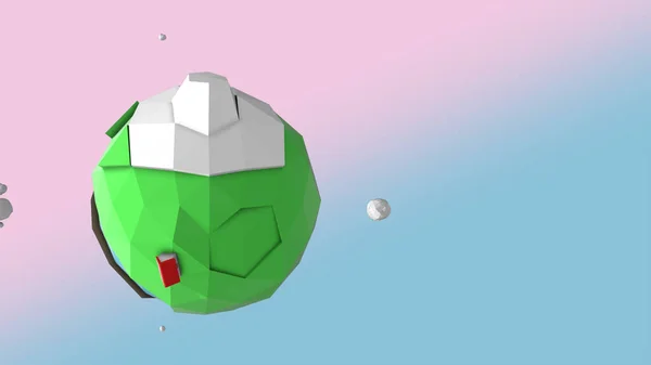 ピンクブルーのグラデーションの背景に多角形の緑の惑星が浮かぶ小さな家. — ストック写真