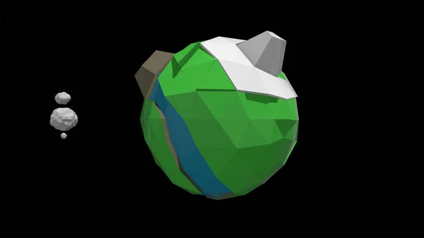 Lustiges polygonales Modell des Planeten im Cartoon-Stil, das über schwarzem Hintergrund schwebt. — Stockfoto