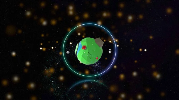 Green low-poly cartoon planet with light ring around, floating through an abstract glittering particles space.